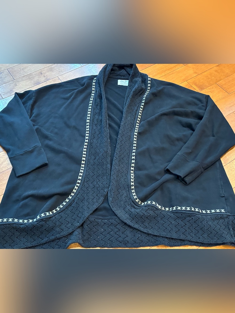 Lucky Lotus Women’s 1X Crochet-Trim Open Cardigan Pockets Black Contrast Accent